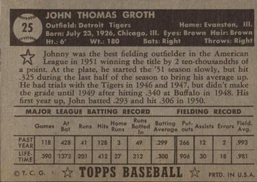 1952 Topps #25 Johnny Groth Back