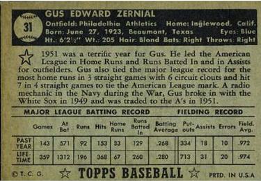 1952 Topps #31 Gus Zernial Back
