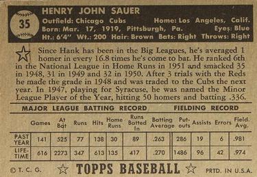 1952 Topps #35 Hank Sauer Back