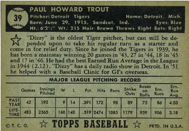 1952 Topps #39 Dizzy Trout Back