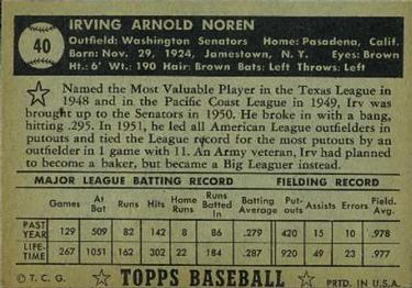 1952 Topps #40 Irv Noren Back