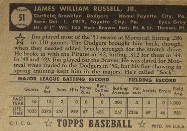 1952 Topps #51 Jim Russell Back