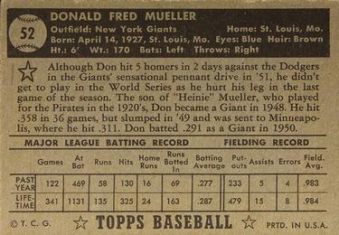 1952 Topps #52 Don Mueller Back