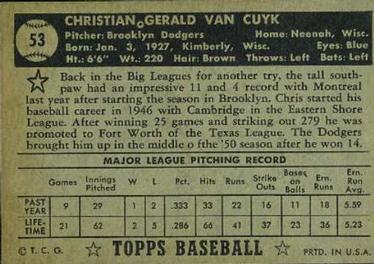 1952 Topps #53 Chris Van Cuyk Back