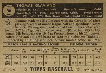 1952 Topps #56 Tommy Glaviano Back