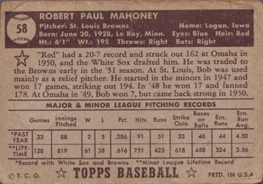 1952 Topps #58 Bob Mahoney Back
