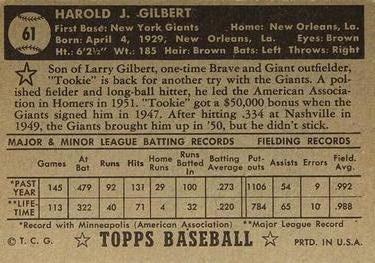 1952 Topps #61 Tookie Gilbert Back