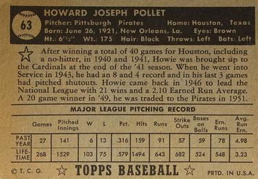 1952 Topps #63 Howie Pollet Back