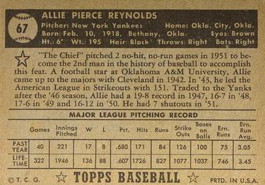 1952 Topps #67 Allie Reynolds Back
