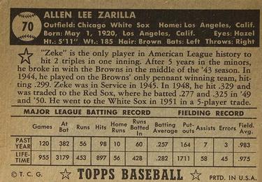 1952 Topps #70 Al Zarilla Back