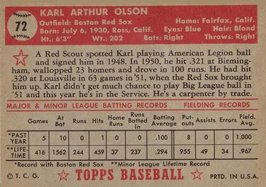 1952 Topps #72 Karl Olson Back
