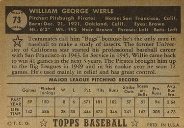 1952 Topps #73 Bill Werle Back