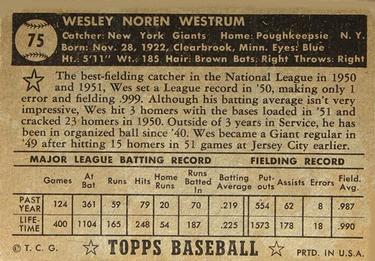 1952 Topps #75 Wes Westrum Back