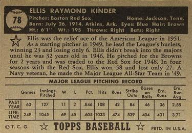 1952 Topps #78 Ellis Kinder Back