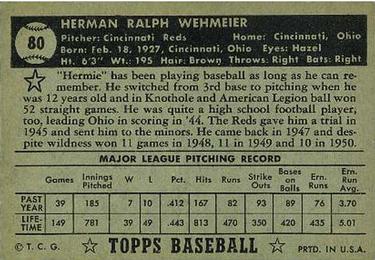1952 Topps #80 Herman Wehmeier Back