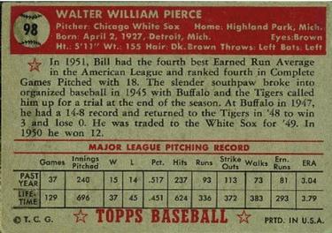 1952 Topps #98 Bill Pierce Back