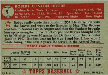 1952 Topps #9 Bobby Hogue Back