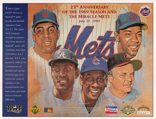 1994 Upper Deck Heroes of Baseball Sheets #NNO Tommie Agee / Donn Clendenon / Rico Carty / Ernie Banks / Earl Weaver Front