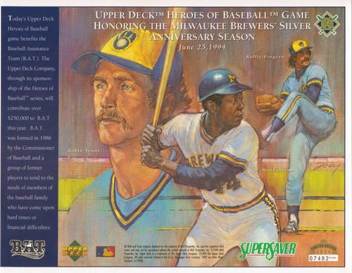 1994 Upper Deck Heroes of Baseball Sheets #NNO Robin Yount / Rollie Fingers / Hank Aaron Front