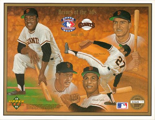 1993 Upper Deck Heroes of Baseball Sheets #NNO Jim Ray Hart / Jim Davenport / Orlando Cepeda / Juan Marichal / Tom Haller Front