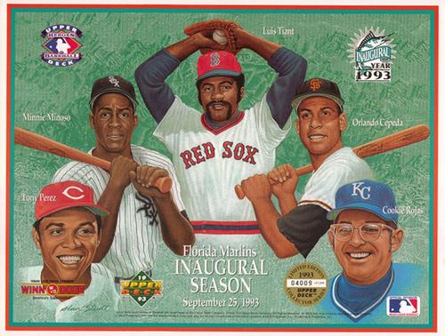 1993 Upper Deck Heroes of Baseball Sheets #NNO Tony Perez / Minnie Minoso / Luis Tiant / Orlando Cepeda / Cookie Rojas Front