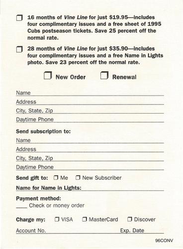 1996 Pepsi Cubs Convention #NNO Vine Line Subscription Offer (Ernie Banks) Back