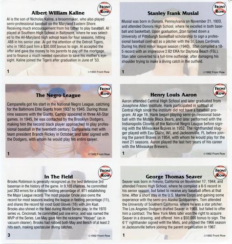 1992 Front Row All-Time Greats Series Promo Sheet #NNO Tom Seaver / Hank Aaron / Stan Musial / Brooks Robinson / Roy Campanella / Al Kaline Back
