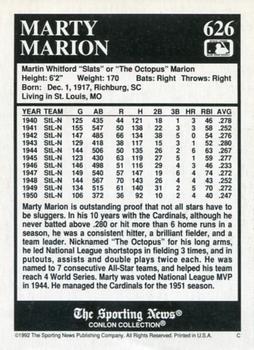 1992 Conlon Collection TSN - 1992 Autographs #626 Marty Marion Back