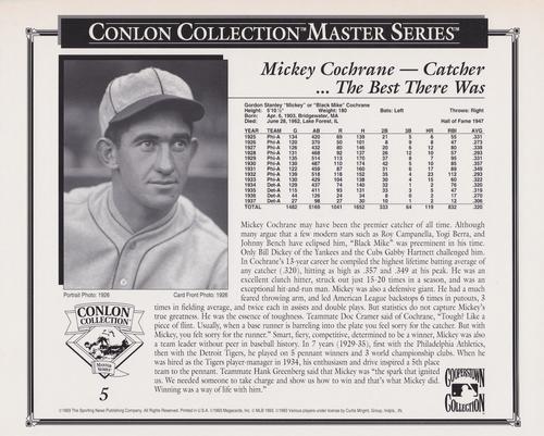1993 Conlon Collection Black & White Masters #5 Mickey Cochrane Back