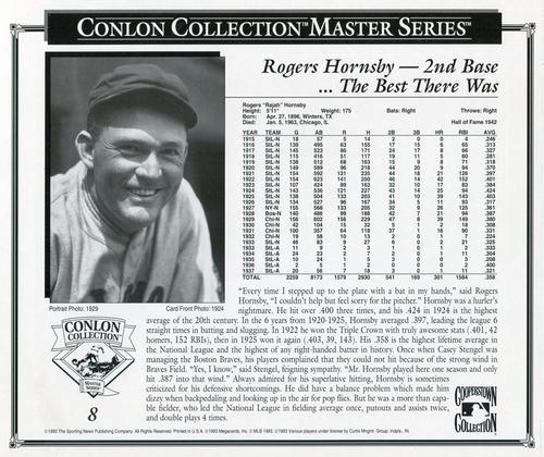 1993 Conlon Collection Black & White Masters #8 Rogers Hornsby Back