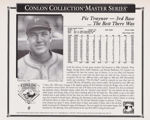 1993 Conlon Collection Black & White Masters #9 Pie Traynor Back