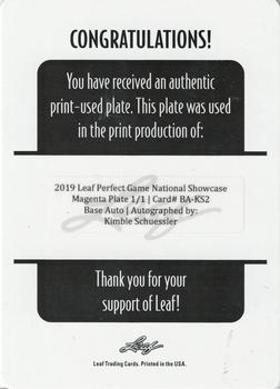 2019 Leaf Perfect Game National Showcase - Printing Plates Magenta #BA-KS2 Kimble Schuessler Back