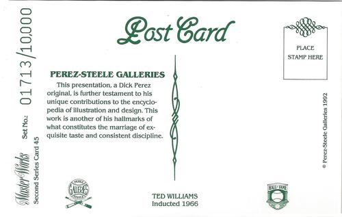 1992 Perez-Steele Master Works Postcards #45 Ted Williams Back