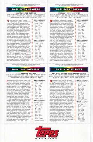 1992 Topps Magazine - Panels #TM 81-84 Mike Mussina / Barry Larkin / Juan Gonzalez / Deion Sanders Back