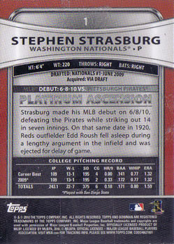2010 Bowman Platinum #1 Stephen Strasburg  Back