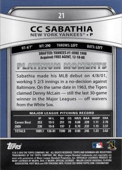 2010 Bowman Platinum #21 CC Sabathia  Back
