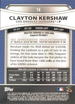 2010 Bowman Platinum #74 Clayton Kershaw  Back