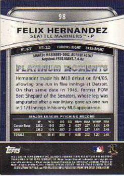 2010 Bowman Platinum #98 Felix Hernandez  Back