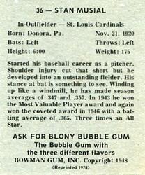 1978 1948 Bowman Reprint #36 Stan Musial Back