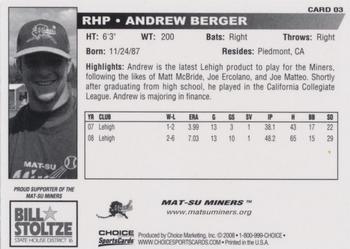 2008 Choice Mat-Su Miners #03 Andrew Berger Back