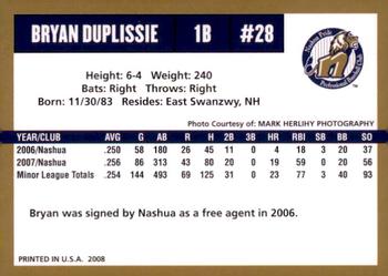 2008 Nashua Pride #NNO Bryan Duplissie Back