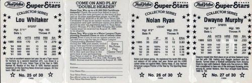 1986 True Value - Panels #25-27 Lou Whitaker / Nolan Ryan / Dwayne Murphy Back