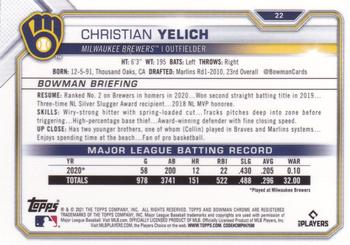 2021 Bowman Chrome #22 Christian Yelich Back
