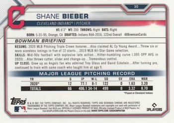 2021 Bowman Chrome #30 Shane Bieber Back