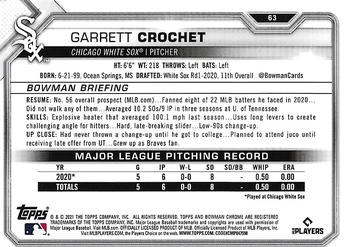 2021 Bowman Chrome #63 Garrett Crochet Back