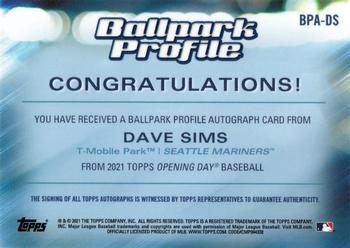2021 Topps Opening Day - Ballpark Profile Autographs #BPA-DS Dave Sims Back