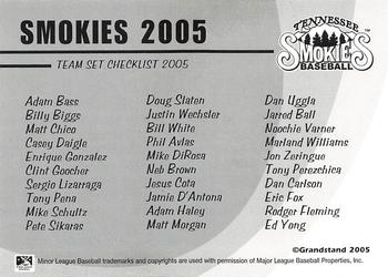 2005 Grandstand Tennessee Smokies #NNO Checklist Back
