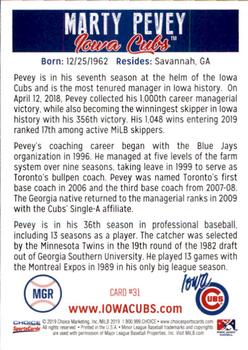 2019 Choice Iowa Cubs #31 Marty Pevey Back