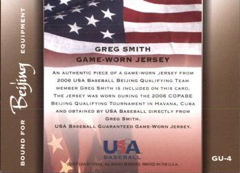 2006-07 USA Baseball Bound for Beijing Materials #GU-4 Greg Smith Back