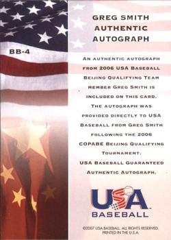 2006-07 USA Baseball Bound for Beijing Signatures #BB-4 Greg Smith Back
